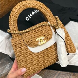 CHANEL Woven Raffia Mini Top-Handle Bag in Tan with Gold Hardware
